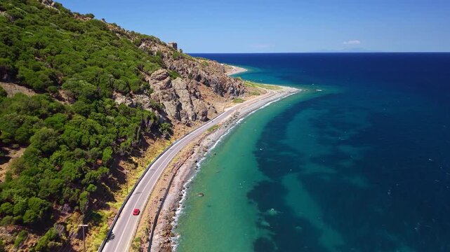 Aerial View of Scenic Coastal Road on Samothrace Island Greece