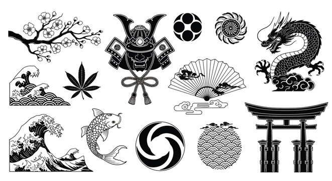 Collection of japanese symbols and icons in black and white
