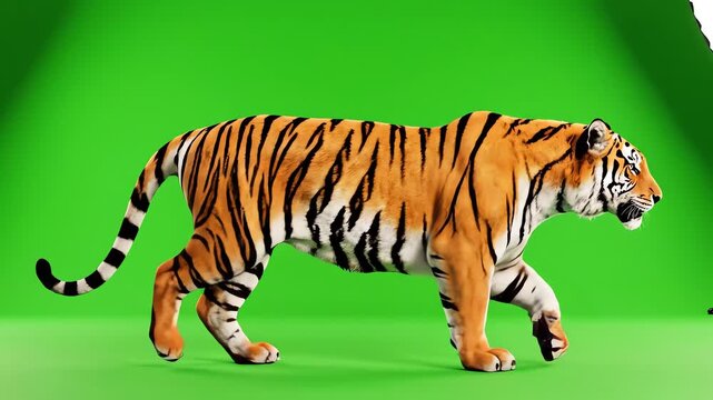 Tiger scren Tiger Walking Across Green Screen Background in Slow Motion with Smooth Movements and Clear Details