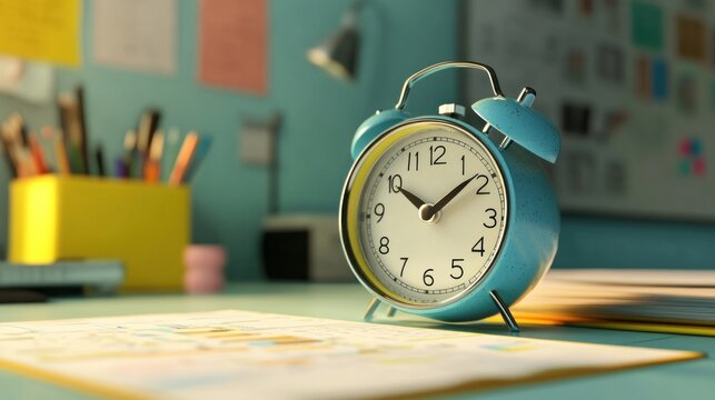 A blue alarm clock on a desk with papers, stationery and wall charts