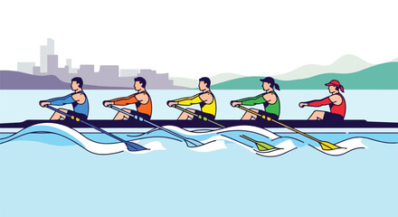 Cartoon illustration of five rowers in a boat on the water © Radika