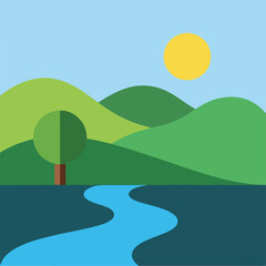 Fototapeta premium Cartoon landscape with hills, a river, tree, and a bright yellow sun