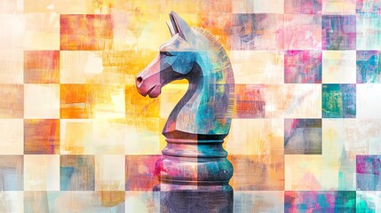 Naklejka premium A colorful chess knight piece stands against a vibrant abstract background with a checkerboard pattern