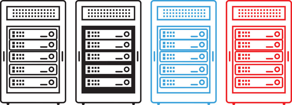 server rack icon set featuring database storage and data center technology in linear and solid styles