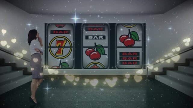 Animation of fairy lights over thoughtful caucasian businesswoman against casino slot machine