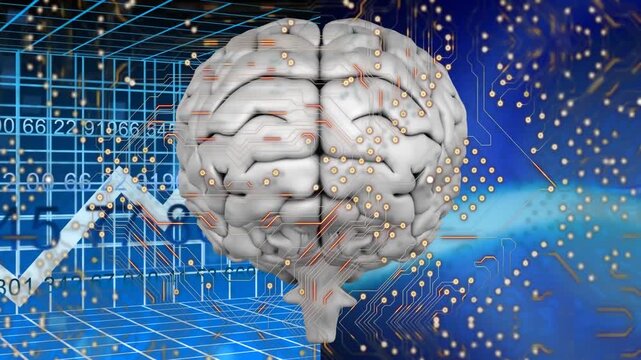 Microprocessor connections over human brain against digital waves on blue background