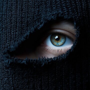 Auge das durch einen Riss in schwarzem Stoff schaut, dramatisch und geheimnisvoll