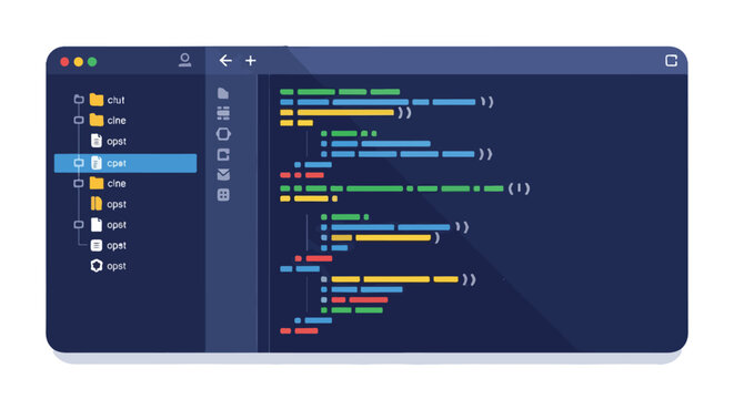 Cartoon-style visual of a code editor with files and colored code