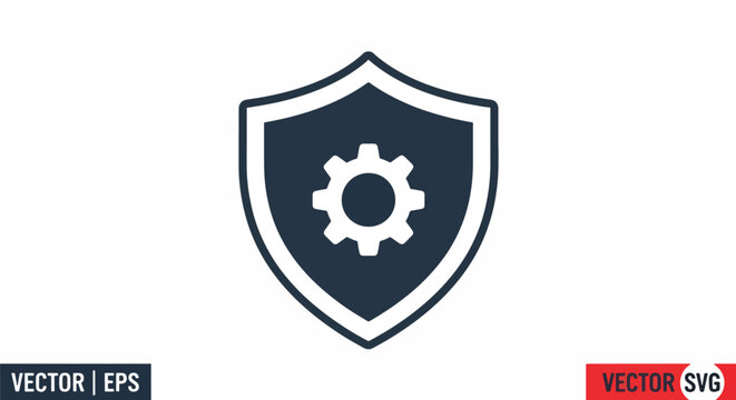 Security shield with gear icon on white background