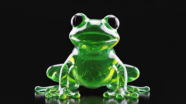 A cute green frog dancing happily, funny and energetic moves, isolated on pure black background, ultra detailed skin texture, 3D CGI rendering, soft cinematic lighting, smooth animation loop