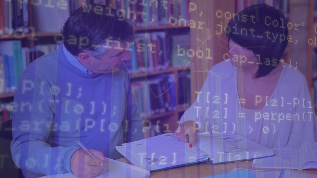 Animation of data processing over caucasian teachers in library