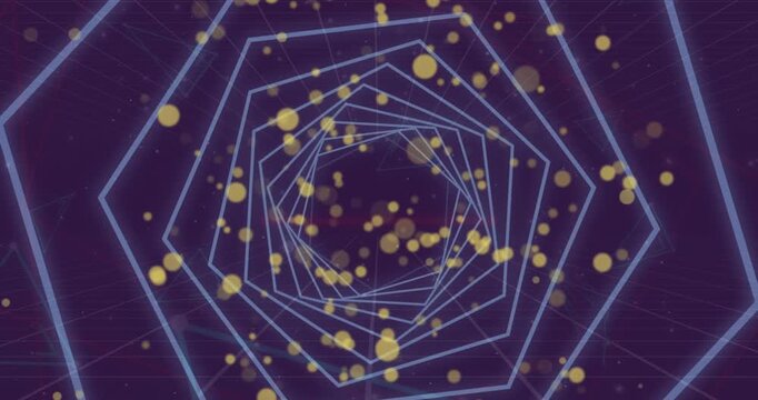 Animation of hexagonal tunnel in seamless pattern and yellow spots of light on purple background