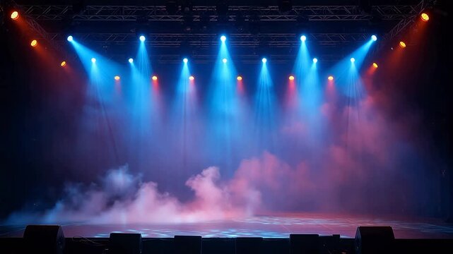 Empty stage with colorful lights and smoke