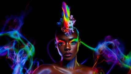 Naklejka premium Dunkelhäutige Frau mit buntem Neon-Körper-Make-up und farbigen Federn im Studio-Schwarzlicht