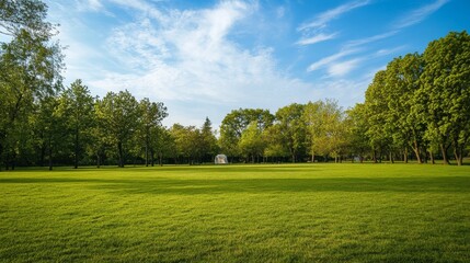 Naklejka premium Vacant campsite area with grass lawn and trees under sunny sky near the park