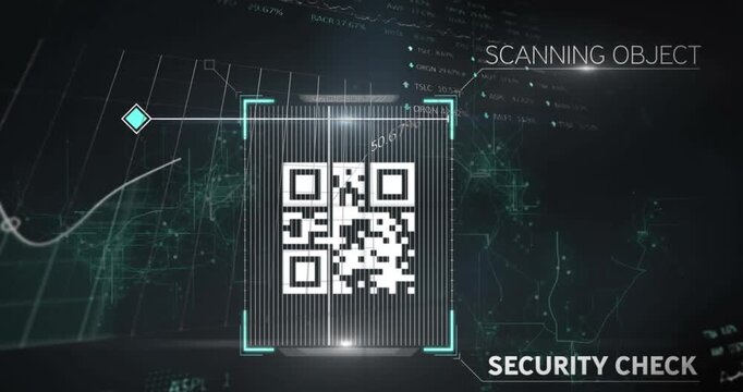 Digital video shows QR code and data stats with globe animation on servers.
