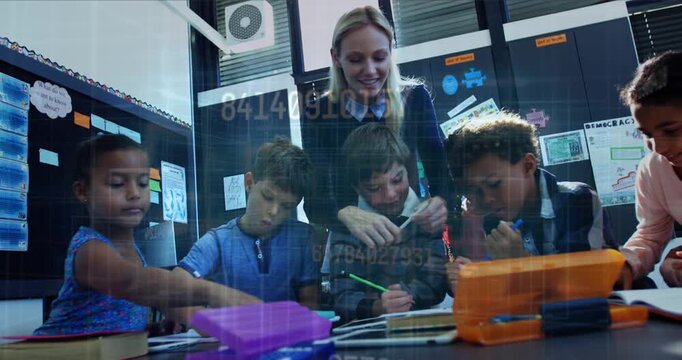 Animation of data processing over diverse schoolchildren with teacher