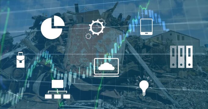 Animation of data processing and icons over rubbish dump