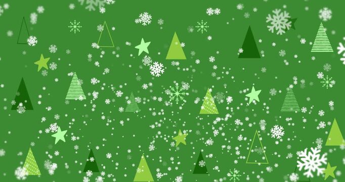 Animation of snow falling over christmas trees on green background