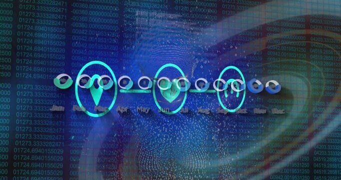 Animation of network of digital icons and data processing against human body model and round scanner