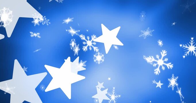 Animation of snowflakes and stars on blue background