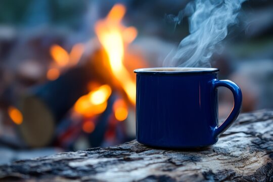 Hot coffee in blue cup sits on log near campfire in outdoor setting with steam rising during early evening hours