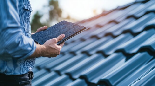 A man holds a sample of roofing material on a metal tile roof