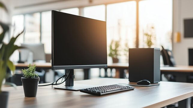 Modern Desktop Computer Setup on Wooden Desk with Keyboard and Mouse