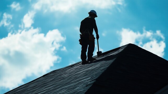 Roofing Construction Worker with Shovel on Roof Under Blue Sky