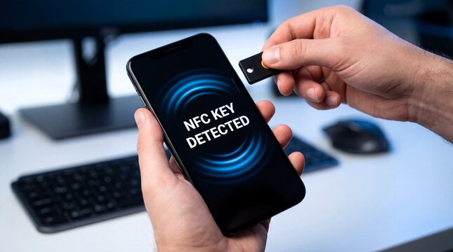 Close-up of hands using a smartphone to scan an NFC security key in an office setting