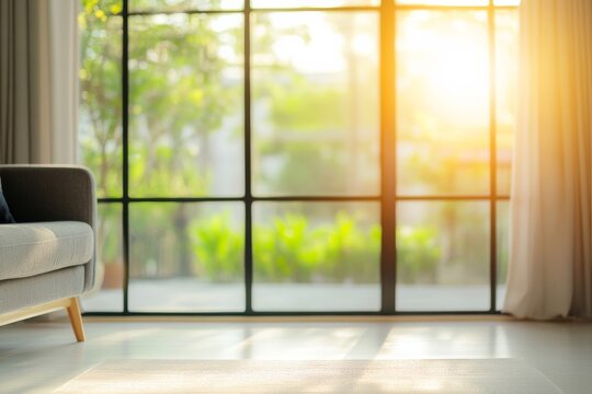 Morning sunlight enters a living room through a large window with a view of green plants in the background