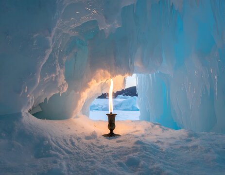 A flaming wooden torch burning brightly inside a cold frozen blue glacial ice cave sanctuary setting