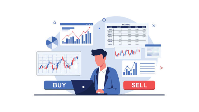 Financial analyst or trader analyzing multiple data screens and candlestick charts for buying or selling opportunities.
