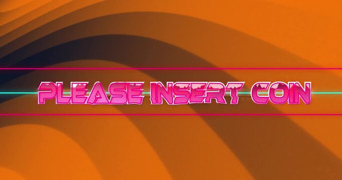 Animation of please insert coin text over neon shapes on black background