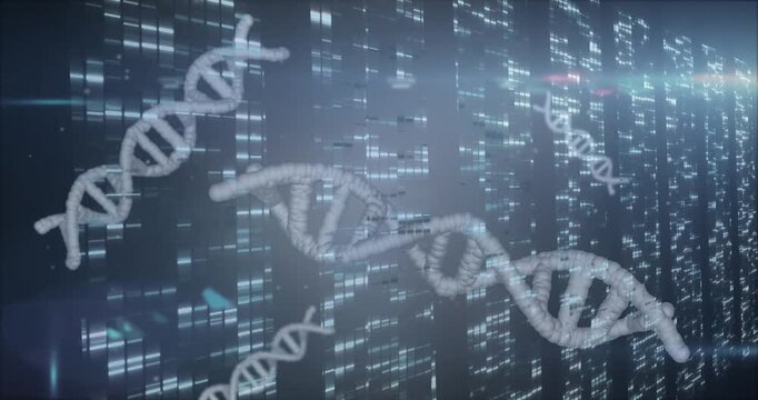 Animation of spinning dna structures and blue light spot against screens of mosaic squares