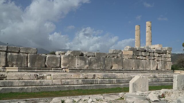 Ruins of the Letoon Temple with standing Ionic columns and massive stone walls, a UNESCO-listed Lycian sanctuary, historic Lycian ruins near city of Xanthos, Mugla, Turkey