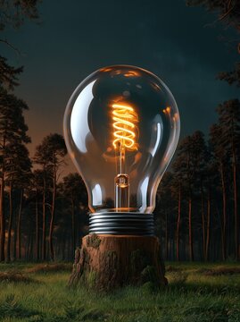 Leuchtende Gl&uuml;hbirne in der freien Natur zwischen B&auml;umen mit warmer Lichtquelle