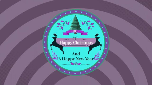 Animation of merry christmas and a happy new year text with christmas tree and reindeers in circle