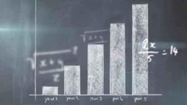 Animation of bar graph with mathematical equation and lens flares over gray background