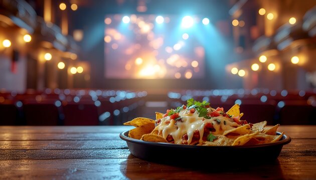 Delicious nachos and cheese in a movie theater with a blurred background of the screen