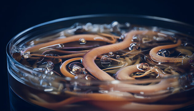 Microscopic view of parasitic worms in a petri dish. Lab equipment presents science and biology research. Medical infection study. Helminth analysis. Parasitology investigation. Worm study. Disease st