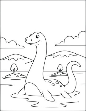 Plesiosaur swimming in a lake with mountains for a kids coloring book page