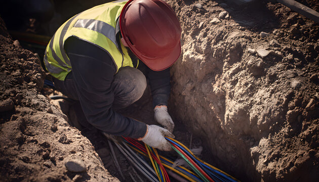 A worker in a hard hat installs fiber optic cables underground. The construction worker wears gloves and a safety vest while handling wires in the trench during the installation.
