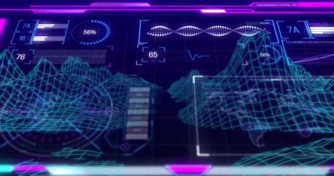 Displaying animation, futuristic digital interface with neon data graphs in school