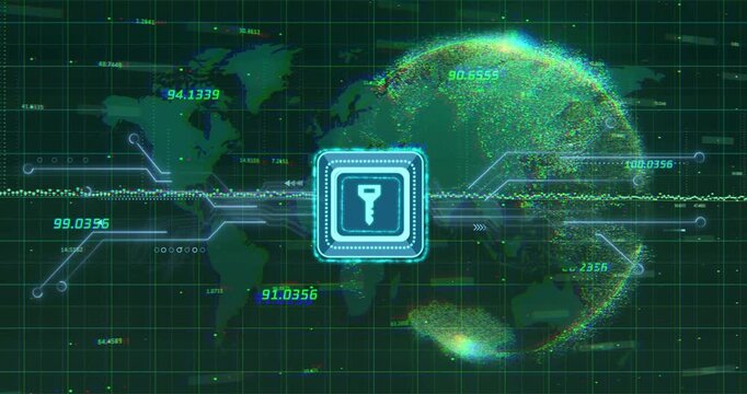 Digital key icon and data encryption animation over world map and globe