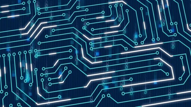 Digital circuit pattern being animated in scene with glowing neon blue traces streaming binary code