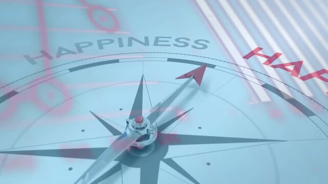 Compass needle pointing toward happiness in abstract digital dial, showing metallic hub, red code