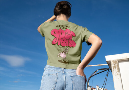 Female back White T-Shirt Mockup