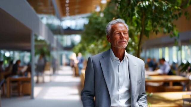 A contemplative older man stands in a modern, open workspace adorned with greenery, showcasing a blend of professionalism and serene environment for productivity.