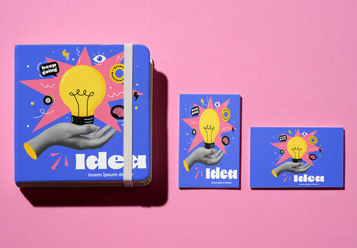 mockup of Two blank business cards lie next to a closed notebook on a pink surface